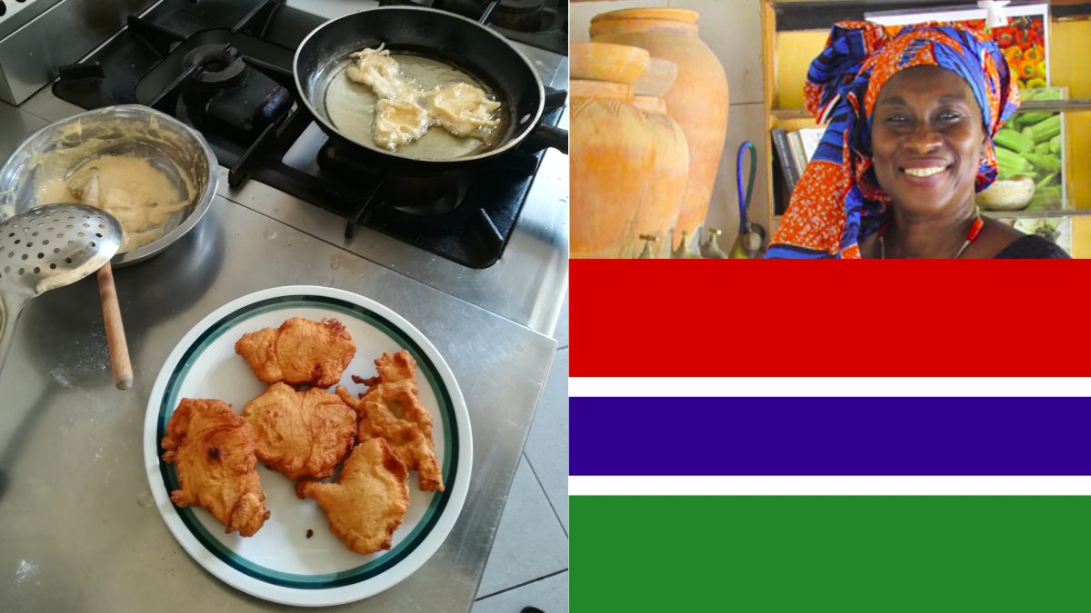 Preparazione del Begne', donna e bandiera del Gambia