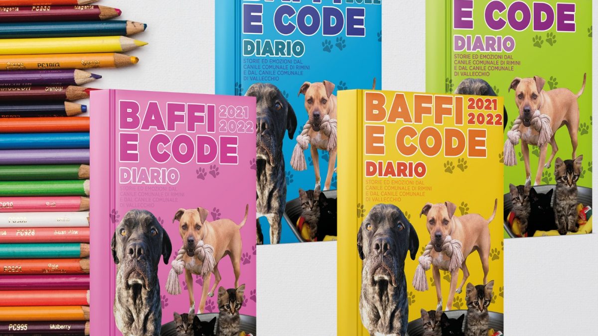 Le copertine di Baffi e code, i diari scolastici con cani e gatti dei canili di Rimini e Vallecchio