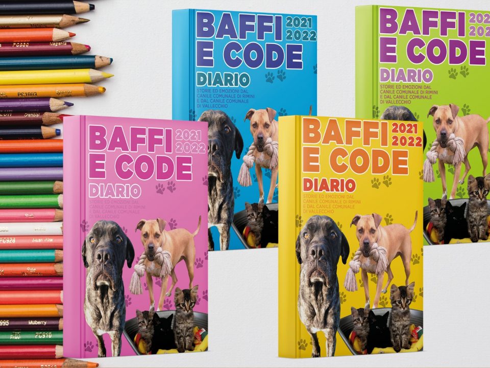 Le copertine di Baffi e code, i diari scolastici con cani e gatti dei canili di Rimini e Vallecchio